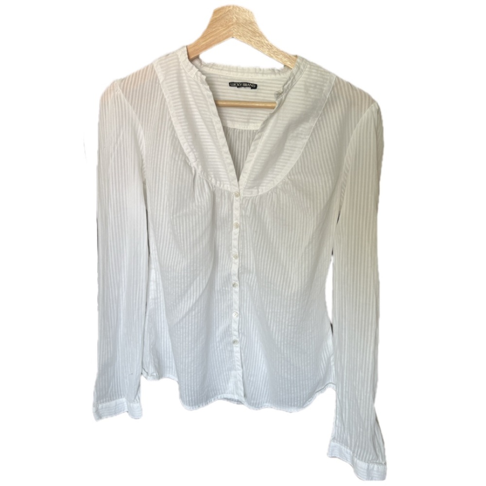 Lucky brand long sleeve white striped sheer button-down shirt. Size:Small